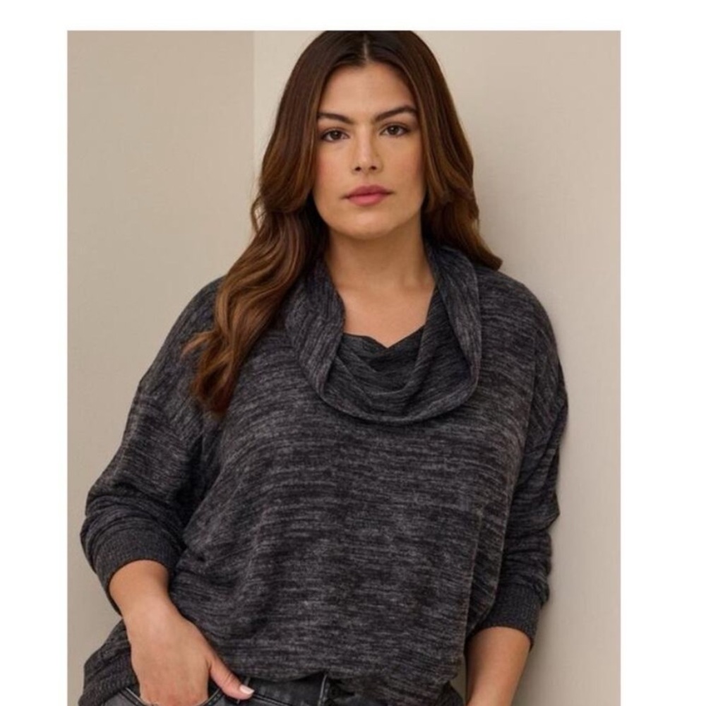 Torrid Super Soft Plush Black Grey Marled Cowl Neck Sweater